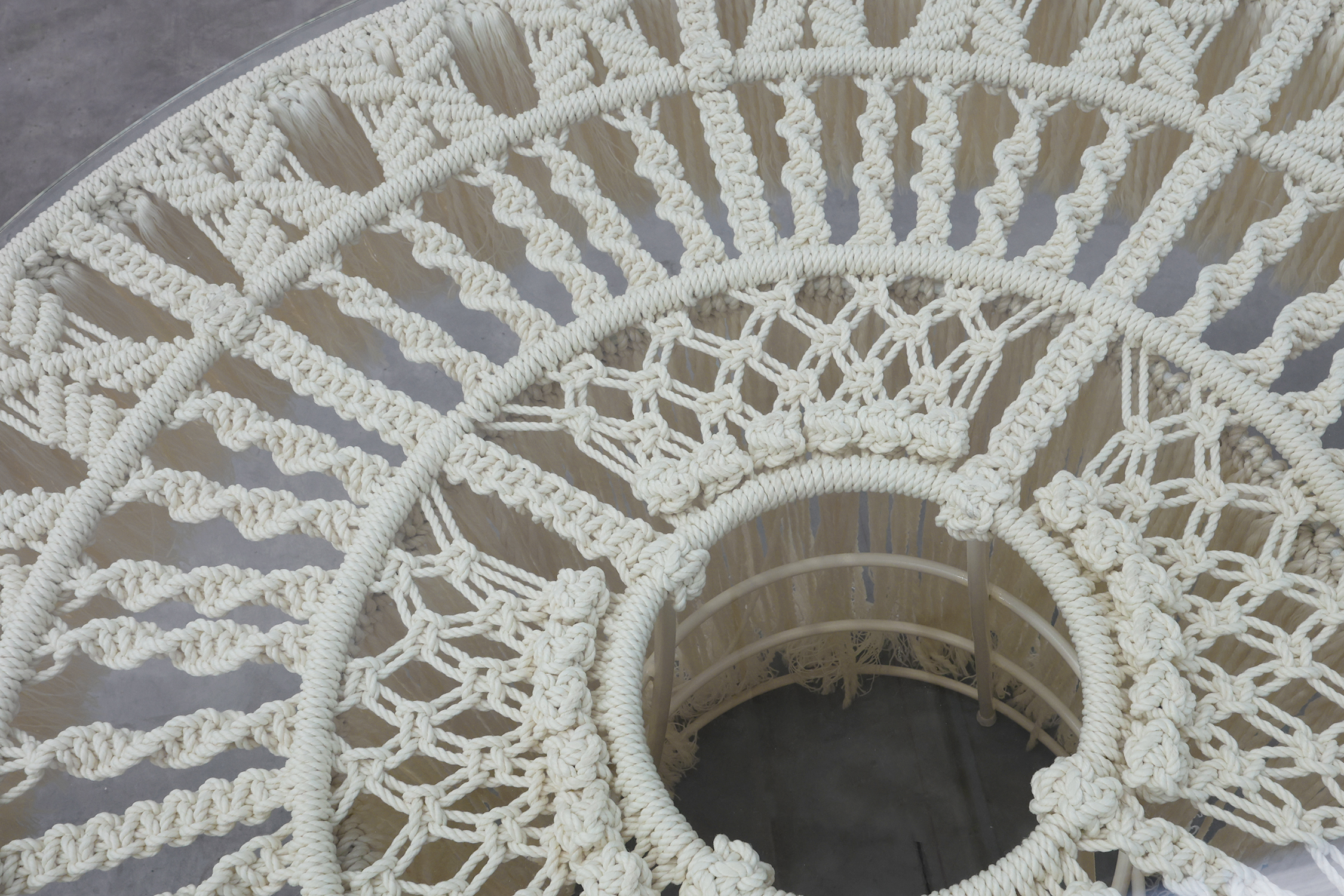Monumental white dining table with glass top and macram&eacute; in Hollywood regency style, Italy 20th century thumbnail